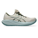 Men's ASICS GEL-Cumulus 28 neutral daily trainers in taupe and vintage khaki with cushioned design and breathable mesh upper.