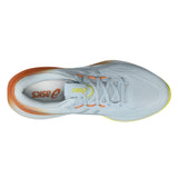 Men's ASICS GEL-Cumulus 28 neutral daily trainers in sky blue, sun yellow, and peach color with breathable mesh upper.