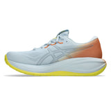 Men's ASICS GEL-Cumulus 28 neutral daily trainers in sky blue, sun yellow, and peach with cushioned sole and breathable mesh upper.