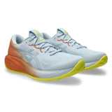 Men's ASICS GEL-Cumulus 28 neutral daily trainers in sky, sun, and peach color with breathable mesh and cushioned sole.