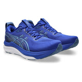 Men's ASICS GEL-Kayano 33 stability trainers in Prussian Blue and white with supportive design and cushioned sole.