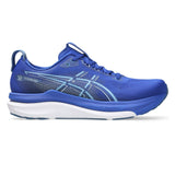 Men's ASICS GEL-Kayano 33 stability trainers in Prussian Blue and White, featuring supportive cushioning and ergonomic design.