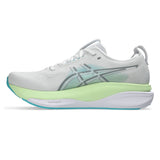 Men's ASICS GEL-Kayano 33 stability trainers in white and energy aqua, featuring supportive design and cushioned sole.
