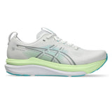 Men's ASICS GEL-Kayano 33 stability trainers in white and energy aqua with supportive design for running and comfort.