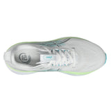 Men’s ASICS GEL-Kayano 33 wide stability trainers in white and energy aqua with supportive design and cushioned sole.