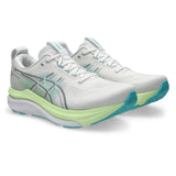 Men's ASICS GEL-Kayano 33 Wide stability trainers in white and energy aqua with supportive design and cushioned sole.