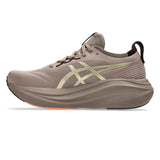 Men’s ASICS GEL-Nimbus 27 LUXE neutral daily trainers in taupe grey with cushioned design and sleek athletic style.