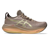 Men's ASICS GEL-Nimbus 27 LUXE neutral daily trainers in taupe grey with cushioned design and breathable upper material.
