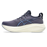 Mens ASICS GEL-Nimbus 27 wide neutral daily trainers in indigo fog and denim blue with cushioned design and supportive fit