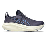 Men's ASICS GEL-Nimbus 27 wide neutral daily trainers in Indigo Fog and Denim Blue with supportive cushioning.