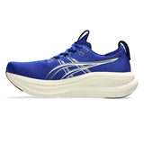 Men's ASICS GEL-Nimbus 28 neutral daily trainers in Prussian Blue and Cream with breathable mesh upper and cushioned sole.