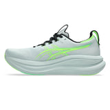 Men's ASICS GEL-Nimbus 28 Wide neutral daily trainers in Cold Moss and Illuminate Green with supportive cushioning.