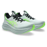 Men's ASICS GEL-Nimbus 28 Wide neutral daily trainers in Cold Moss and Illuminate Green, showing the running shoe with textured design.