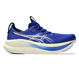 Men's ASICS GEL-Nimbus 28 Wide neutral daily trainers in Prussian Blue and Cream with cushioned design.
