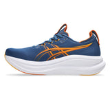 Men's ASICS GEL-Nimbus 28 Wide neutral daily trainers in twilight blue and Anzu, showcasing the breathable mesh upper and cushioned sole.