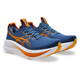 Men's ASICS GEL-Nimbus 28 Wide neutral daily trainers in twilight blue with black accents, showcasing breathable mesh upper and cushioned sole.