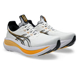 Men's ASICS GEL-Nimbus 28 neutral daily trainers in white with stadium orange accents, lightweight running shoes for comfort.