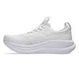Men's ASICS GEL-Nimbus 28 white neutral daily trainers showing the lightweight design and breathable upper.