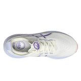 Men's ASICS Nimbus 27 Tokyo neutral daily trainers in cream and Edo purple with breathable mesh and cushioned sole.