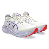 Men's ASICS Nimbus 27 Tokyo neutral daily trainers in cream and Edo purple with a sleek running shoe design.