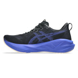 Men's ASICS Novablast 5 neutral daily trainers in black and cobalt with breathable mesh upper and cushioned midsole.
