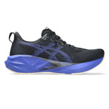 Men's ASICS Novablast 5 neutral daily trainers in black and cobalt with a modern sneaker design.