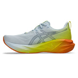 Men's ASICS Novablast 5 neutral daily trainers in sky lemon color with a lightweight mesh upper and cushioned sole.