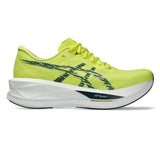 Men's ASICS Sonicblast tempo trainers in citron and tranquil teal with breathable mesh uppers and supportive soles.