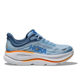 Men's Hoka Bondi 9 Wide running shoes in drizzle and downpour colors, featuring breathable uppers and cushioned soles.