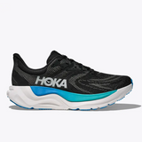 Men's Hoka Arahi 8 running shoes in black and skyward blue, featuring D-width athletic shoes for comfortable support.