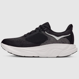 Hoka Arahi 9 women's running shoes in black and white, showing the double back view with B-width for a comfortable fit