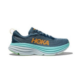 Men's Hoka Bondi 8 running shoes in real teal shadow color, featuring a sleek design and D-width for a comfortable fit.