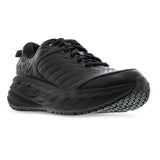 Men's Hoka Bondi SR running shoes in black, D-width, with cushioned soles and supportive design for comfort and stability.
