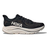 Women's Hoka Clifton 10 shoes in black and white with B-width, featuring a sleek design and cushioned running sole.