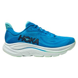Men's Hoka Clifton 10 running shoes in extra-wide (4E) with blue skyward color, featuring supportive cushioning and sporty design.