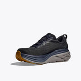 Men's Hoka Bondi 8 running shoes in black and iron ore with D-width, featuring a supportive design and cushioned sole.