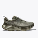 Men's Hoka Bondi 8 shoes in slate and barley with a D-width, showcasing the comfortable, supportive running shoe design.