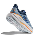 Men's Hoka Bondi 9 Wide running shoes in Drizzle Downpour color, showing the back view with wide 2E width and cushioned sole.