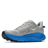 Men's Hoka Challenger 8 shoes in D-width, featuring a virtual blue and Stardust color design, shown from the left side.