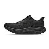 Men's Hoka Clifton 11 running shoes in black, featuring extra-wide 4E width, with a focus on the left shoe's design and fit.