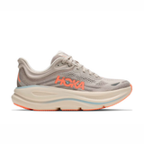 Women's Hoka Bondi 9 shoes in River Rock Grey with mineral ore accents, featuring extra wide 2E width for comfort.
