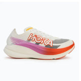 Hoka Rocket X 2 running shoes in frost and lava colorway, featuring lightweight design and supportive cushioning.