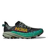 Women's Hoka Speedgoat 6 trail running shoes in black with aloe vera accents, featuring breathable mesh uppers and rugged soles.