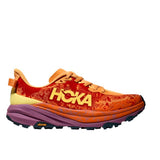 Women's Hoka Speedgoat 6 wide trail running shoes in sherbert beetroot color, featuring durable design and wide fit.