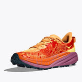 Women's Hoka Speedgoat 6 trail running shoes in Sherbert Beetroot color, featuring breathable mesh and durable outsole.