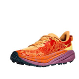 Women's Hoka Speedgoat 6 wide trail running shoes in Sherbert and Beetroot colors, featuring durable uppers and grippy outsoles.