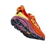 Women's Hoka Speedgoat 6 Wide trail running shoes in sherbert and beetroot colors, featuring supportive D-width design.