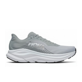 Hoka Clifton 11 women's running shoes in Stardust Silver with B-width, featuring a sleek, supportive athletic design.