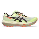 Unisex ASICS Fujispeed 4 trail running shoes in illuminate yellow and dark aubergine with breathable mesh and rugged outsole.
