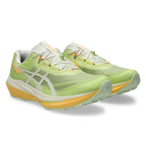 Unisex ASICS Fujispeed 4 trail running shoes in lime green and cream with breathable mesh and rugged outsole for trail running.